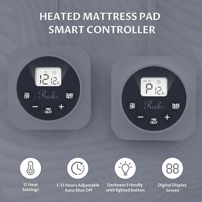 Queen Size Electric Heated Mattress Pad - Bed Warmer with Memory & Preheat Functions, 12 Heat Settings Dual Control for 1-12 Hours Auto Off, Lighted Button