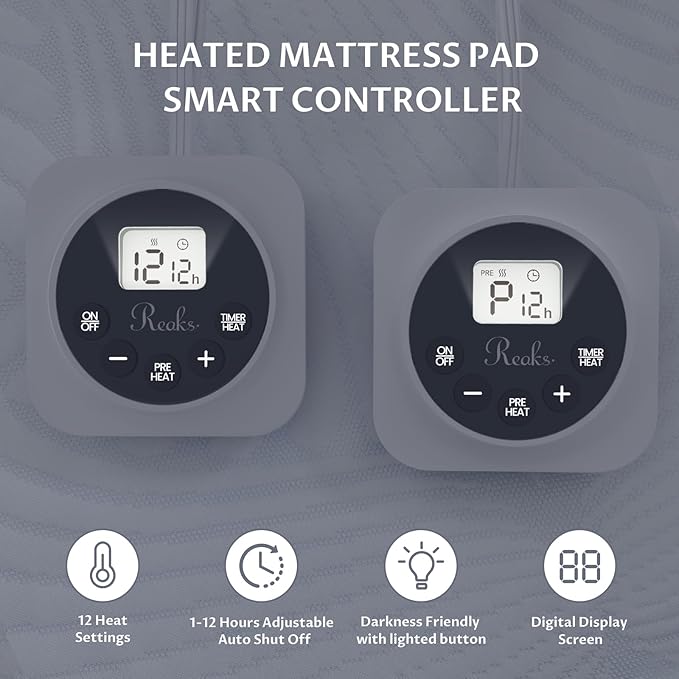 King Size Electric Heated Mattress Pad - Bed Warmer with Memory & Preheat Functions, 12 Heat Settings Dual Control for 1-12 Hours Auto Off, Lighted Button