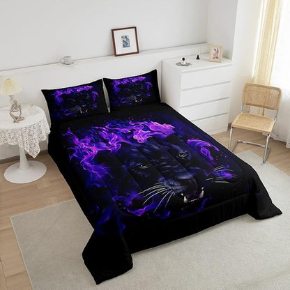 Feelyou Leopard Beddinig Set Black Panther Comforter Set for Kids Boys Girls Safari Cheetah Comforter Blue Fire Wild Animal Decor Quilt Set Room Decor 2Pcs Twin Size