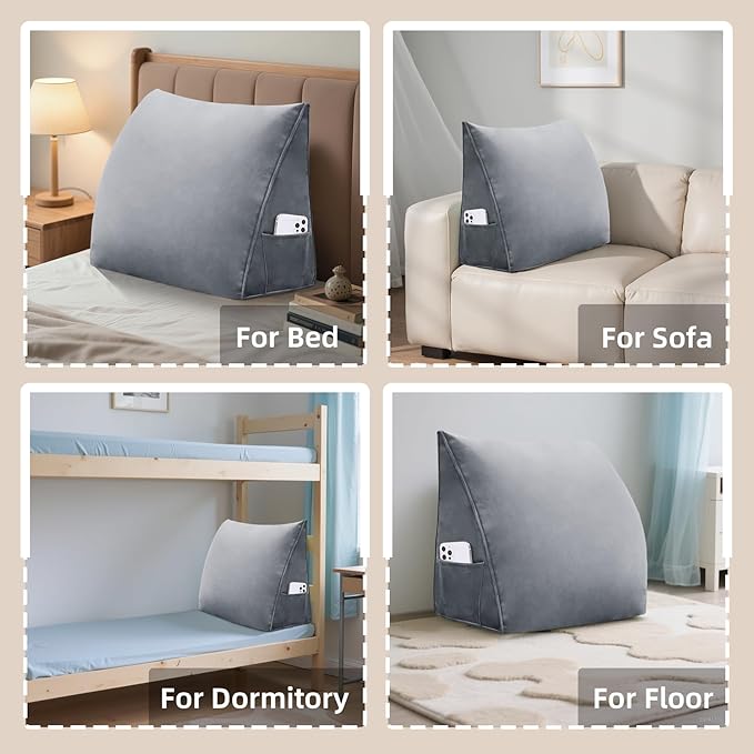 Wedge Headboard Reading Pillow for Bed Velvet Triangular Backrest Bolster Pillow for Sitting Up Daybed Cushion Lumbar Body Support Positioning for Headboard, Couch, Dorm, Grey