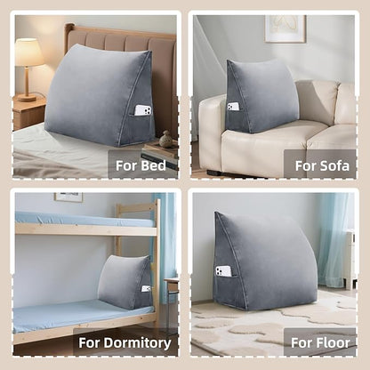 Wedge Headboard Reading Pillow for Bed Velvet Triangular Backrest Bolster Pillow for Sitting Up Daybed Cushion Lumbar Body Support Positioning for Headboard, Couch, Dorm, Grey