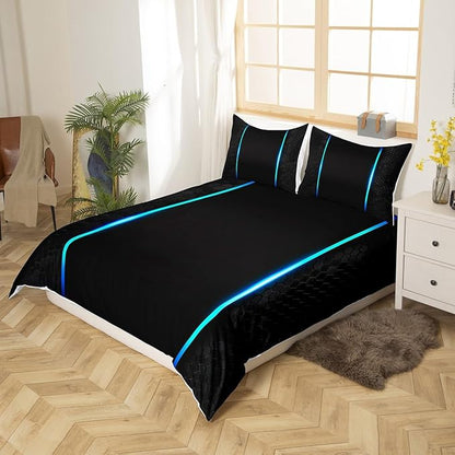 Castle Fairy Honeycomb Duvet Cover Twin Size,Neon Hexagon Blue Lines Geometric Comforter Cover Set for Kids Boys Girls,Modern Abstract Art Black Bedding Quilt Cover Set Bedroom Decor, 2 Pieces