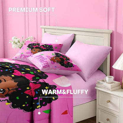 Nesker 7 Pcs Comforter Set Queen Size, Pink Princess Bedding for Kids Teen, Cute Fairy Fantasy Girl with Fitted Sheet 2 Pillowcases & 2 Shams for Bedroom Bed Decor