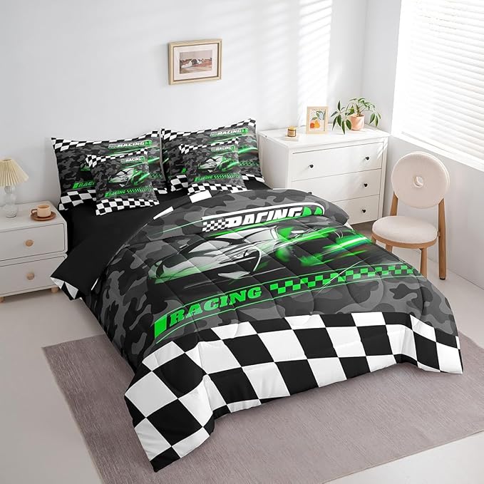 Feelyou Green Racing Car 7 Piece Bedding Set King Size Kids Boys Speed Race Car Comforter Set with Sheets for Teens Toddler Extreme Sports Bed in a Bag Camouflage Bed Set