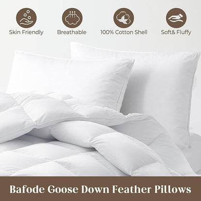 Bafode Goose Down Feather Pillows, Soft Bed Pillows Queen Size Set of 2, 100% Soft Cotton Shell,Gusseted Hotel Pillows for Back, Stomach or Side Sleepers