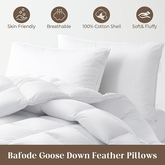 Bafode Goose Down Feather Pillows, Soft Bed Pillows King Size Set of 2, 100% Soft Cotton Shell,Gusseted Hotel Pillows for Back, Stomach or Side Sleepers