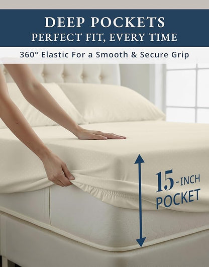 LANE LINEN 100% Egyptian Cotton Full Size Sheets, No Pill Cooling Sheets Full, Soft & Comfy Sateen Weave for Silky Smooth Finish, Available in Variety of Colors Jaquard Swiss Dot - Ivory