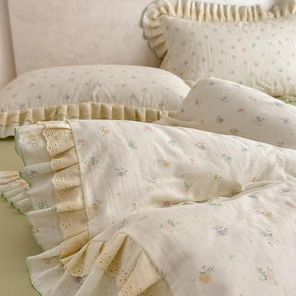 BuLuTu Cottage Ruffled Duvet Cover Girls Floral Bedding Full Size Comforter Cover with Lace Edges, French Country Bedding Set Soft Cotton Muslin Quilt Cover with Zipper Closure,4 Ties