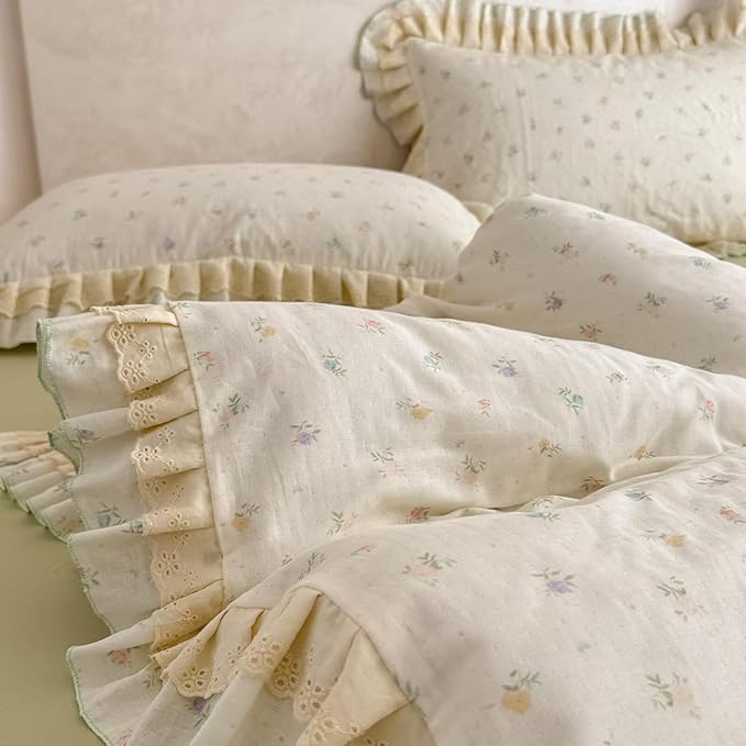 BuLuTu Vintage Lace Ruffled Duvet Cover Set King, Cottagecore Floral Princess Bedding Set, Soft Muslin Cotton Garden Botanical Comforter Cover with Zipper Closure, Romantic Bedroom Decor