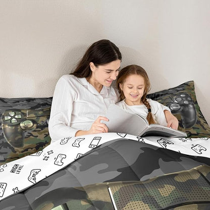 Feelyou Kids Gamer Comforter Set Camouflage Gaming Bedding Set for Boys Teens Bedroom Green Black Camo Video Game Decor Comforter Gamer Console Quilt Set Queen Size Duvet Quilted 3Pcs