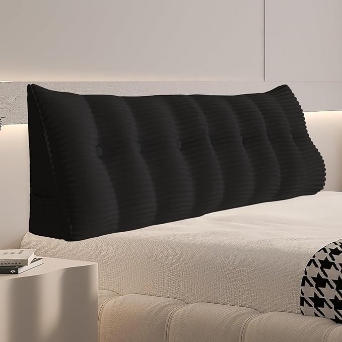 Daneey Headboard Pillow King, Triangular Wedge Headboard Pillow with Soft Corduroy Fabric, Wedge Bed Backrest Pillow for Sitting Up, Reading or Working, Long Bolster Pillow with Removable Cover, Black