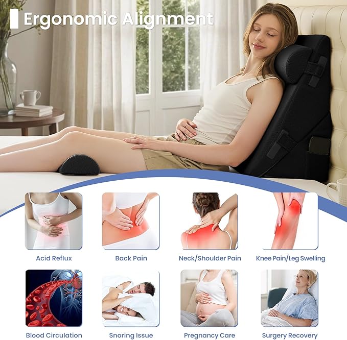 Sasttie Wedge Pillow Set for After Surgery, 3PCS Adjustable Bed Wedge Pillow Headboard with Memory Foam Neck Cushion – for Acid Reflux, Sleeping, Neck & Back Support, Black