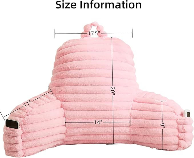 Faux Fur Fluffy Pink Reading Pillow with Pockets, Luxury Striped Plush Decorative, Arm Rests and Back Support for Bed Rest, Lounging on Sofa, Extra Large Size for Adult.