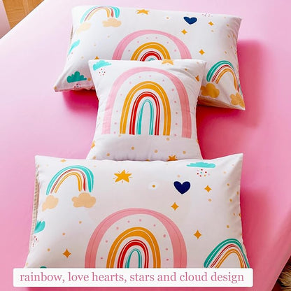 ANGIYUIN 6 Pieces Multi-Color Rainbow Full Bedding Set for Girls Kids Cute Cloud and Love Hearts Girls Comforter Set Soft Microfiber Kid Bed in a Bag with Comforter, Sheets, Pillowcases