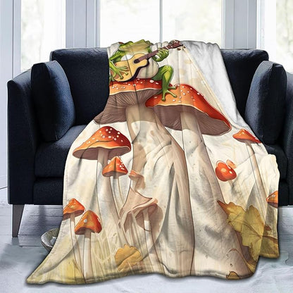 Frog Mushroom Blanket Gifts for Kids Funny Frog Play Guitar Flannel Throw Blankets Soft Comfy Lightweight for Home Decor Couch Bed Sofa 60x50 Inches