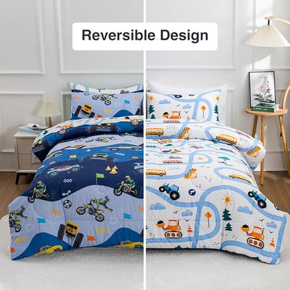 Holawakaka Trucks Tractors Cars Boys 5-Piece Bedding Comforter Sheet Set,Twin Size Cartoon Construction Car Excavator Print Kids Bed in A Bag, Excavator Mixer Truck Printed Bed Sets(Light Blue Twin)