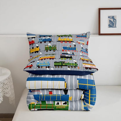 Erosebridal Boys Comforter Set Twin Size Train Bedding, Colorful Steam Engine Truck Bedding Comforter Sets for Kids Girls Toddler Train Transportation Quilted Duvet 2Pcs,Gray, Blue, Red, Yellow