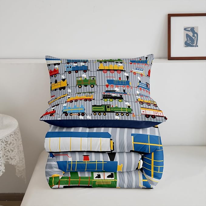 Erosebridal Boys Comforter Set Full Size Train Bedding, Colorful Steam Engine Truck Bedding Comforter Sets for Kids Girls Toddler Train Transportation Quilted Duvet 3Pcs,Gray, Blue, Red, Yellow