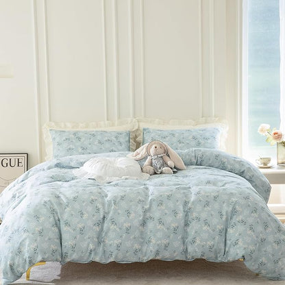 Jane yre Duvet Cover Queen Floral, Brushed Microfiber 3 Pieces Bedding Set Garden Style Blue Pattern Duvet Cover Flower, with Zipper Closure, Luxury Soft Breathable Comfy