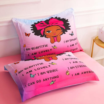 7 Piece Black Girls Magic Comforter Set Twin Size African American Girl Bedding Sets Bed in A Bag for Kids Teens Inspirational Quotes Pink Blue Quilt Room Decor