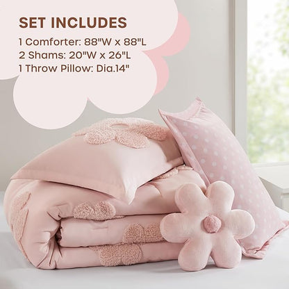 Intelligent Design Kids Queen Comforter Set for Girls, Tufted Chenille Floral Comforter Set Queen, Lightweight Polka Dot Comforter Reversible Bed Set, Sham, Pillow, Gracie, Full/Queen Pink 4 Piece