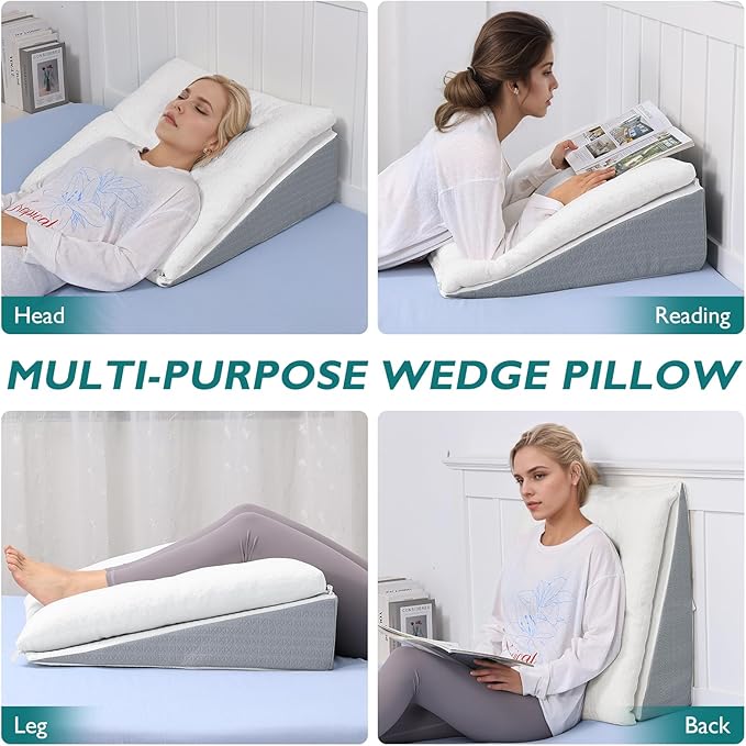 TANYOO Bed Wedge Pillow for Sleep Apnea 10 Inch Gerd Pillow Patent Dual Layer Triangle Pillow Adjustable Shredded Memory Foam Topper Soft Support Ideal for Acid Reflux, After Surgery, Snoring