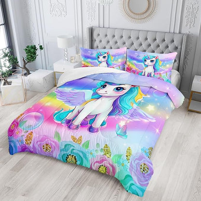 Kid Unicorn Comforter Set Twin Size 3Pcs Butterfly Rainbow Flower Star Pattern Quilt Bedding Set for Boys Girls with 1 Comforter and 2 Pillowcases