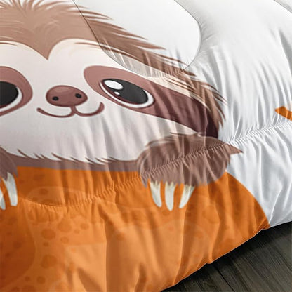 Cute Brown Sloth Bedding Animal Orange Butterfly Comforter 3Pcs Full Rainbow Sweet Pattern Bedding Set for Kids Teens Girls Boys Bed Decor Tangerine Quilt with 1 Comforter and 2 Pillowcases