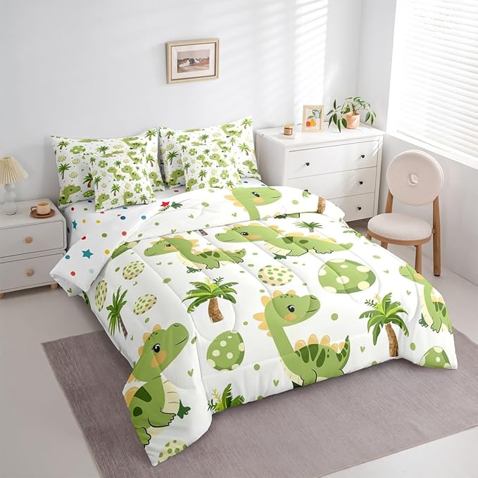 Feelyou Cute Dinosaur 7 Piece Bedding Set Cartoon Green Dinosaur Comforter Set with Sheets for Kids Boys Girls Animal Egg Bed in a Bag Coconut Tree Bed Set Soft Lightweight