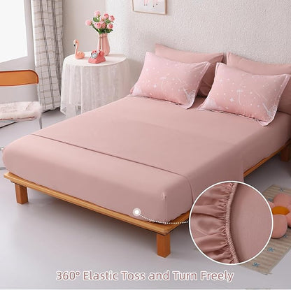Menghomeus Girls Comforter Set Queen Size 7 Pieces Bed in A Bag Ombre Pink Bedding Set Dandelion Butterfly Print Kids Bedding Collections