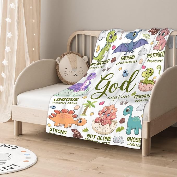 Bible Verse Blanket, Christian Gifts, God Says I am Print Dinosaur Blankets, Meaningful Thoughtful Religious Baptism Gift for Son,Dinosaur Lovers Room Bed Decoration, 50"x60"