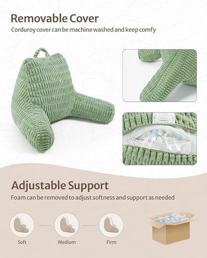 Blissful Diary Reading Pillow, Large Backrest Pillow with Shredded Memory Foam for Adult & Children, Designed for Bed and Couch Sitting Up, Includes Arms, Pockets and Washable Cover, Sage Green