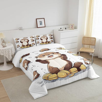 Cute Otter Comforter Set Cartoon Lovely Wild Animal Bedding Sets for Kids Boys Girls Teens Black Bubble Graffiti Hippie Rustic Style Down Comforter with 2 Pillowcases Queen Size 3 Pcs