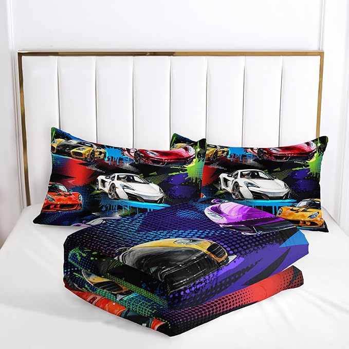 AILONEN Racing Car Comforter Set for Kids Boys Teens Twin Size, Extreme Sports Bed in a Bag,Cool Speed Race Bedding Sets,Colorful Car Theme Duvet Set,1 Quilt and 2 Pillowcases,3 Pieces