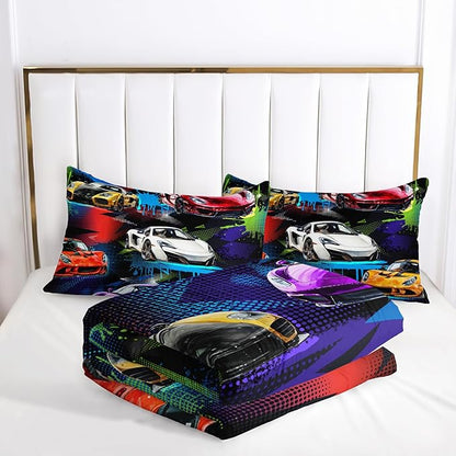 AILONEN Racing Car Comforter Set for Kids Boys Teens Twin Size, Extreme Sports Bed in a Bag,Cool Speed Race Bedding Sets,Colorful Car Theme Duvet Set,1 Quilt and 2 Pillowcases,3 Pieces