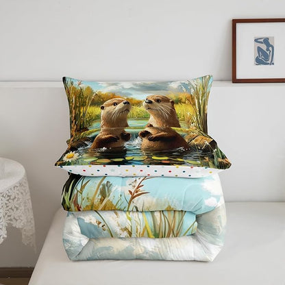 3D Otter Comforter Set Toddler Size 2 Pcs Oil Painting Style Pond Natural Scenery Bedding Sets for Kids Teens Adults Retro Daisy Watercolor Plants Rustic Style Quilted Comforter with 1 Pillowcase