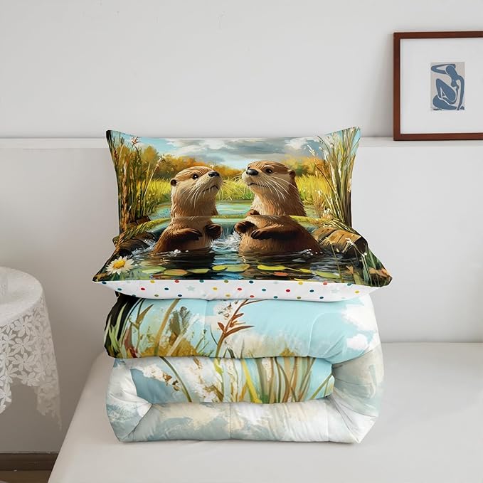 3D Otter Comforter Set King Size 3 Pcs Oil Painting Style Pond Natural Scenery Bedding Sets for Kids Teens Adults Retro Daisy Watercolor Plants Rustic Style Down Comforter with 2 Pillowcases