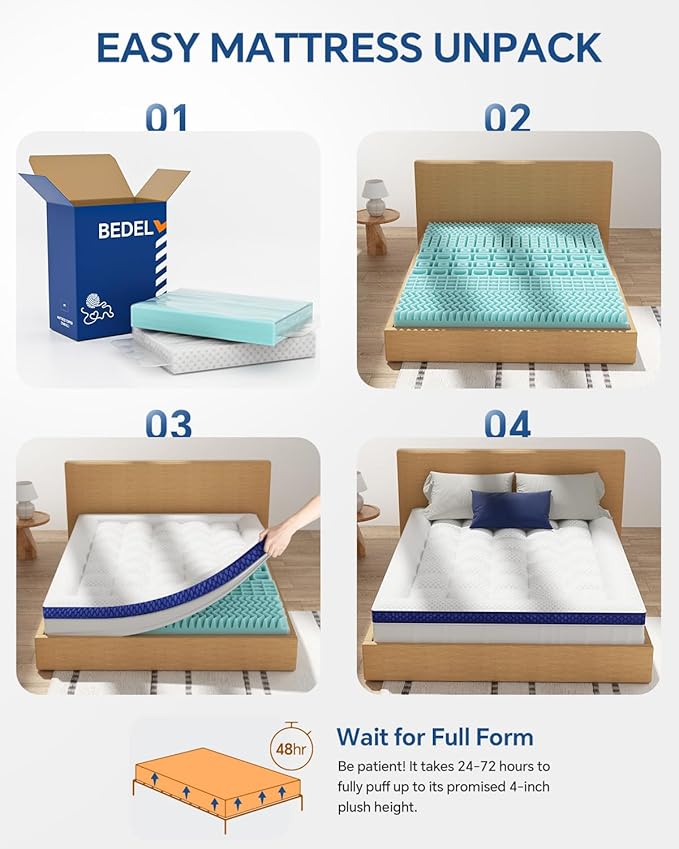 BEDELITE Queen Mattress Topper Dual Layer 4 Inch Memory Foam Mattress Topper, 2 Inch Pilow Top Mattress Pad and 2 Inch Premium Gel Foam Mattress, with Stretchable Pockets Up to 6"-24"