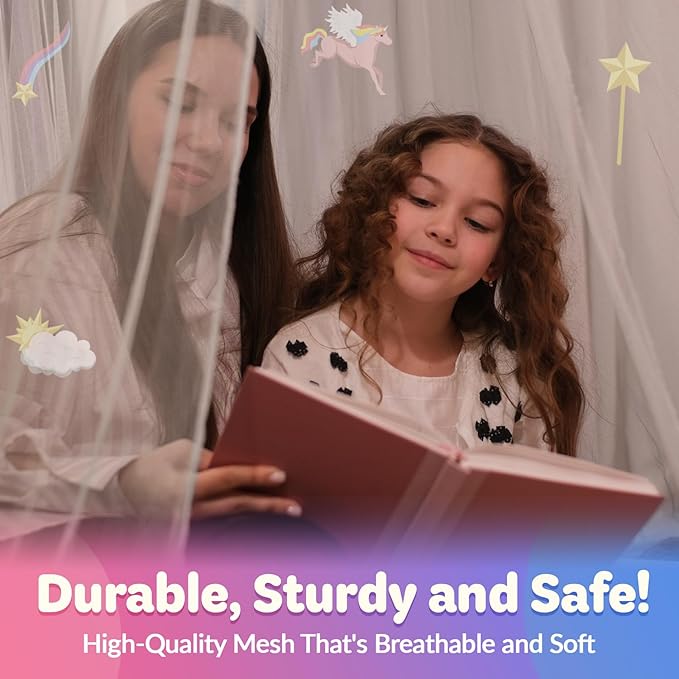Bollepo Bed Canopy for Girls Bed with Glowing Stars - Princess Room Decor, Ceiling Net to Cover Toddler | Full, Twin Size Kids Bed Curtains, Fire Retardant Fabric (White - Unicorn)