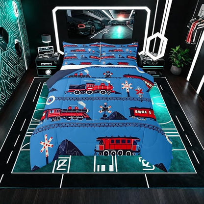 Erosebridal Boys Train Twin Comforter Set Cartoon Car Toddler Bedding Set, Traffic Transportation Track Comforter for Kids Teens Red Blue Steam Engine Railway Decor Quilt Set Room 2Pcs
