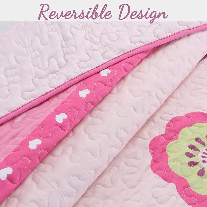 Cozy Line Home Fashions Pink Little Heart Floral Microfiber Reversible Girls Coverlet Bedspread Quilt Set, Bedspread, Coverlet (Flower Garden, Queen - 3 Pieces)