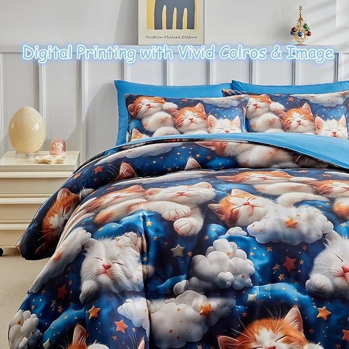 Kids Twin Comforter Set for Boys and Girls, 3 Pieces Cat Comforter with 2 Pillowcases, Microfiber Kitty Twin Bedding Set for Kids Teens Washable Lightweight Super Soft for All Season, Blue