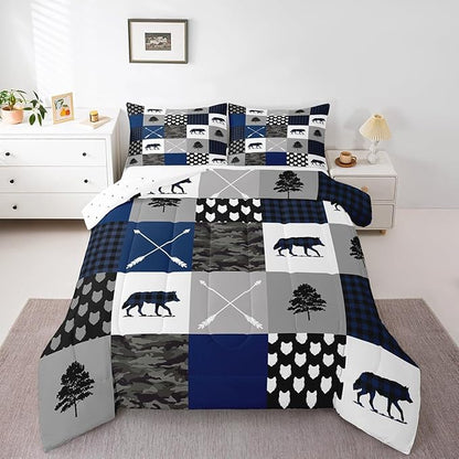 Feelyou Camo Comforter Set Toddler Size Rustic Comforter for Boys Girls Teens Woodland Wolf Bedding Set Camping Quilt Set Hunting Adventure Duvet Set Fashion