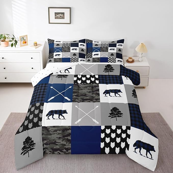Feelyou Camo Comforter Set Full Size Rustic Comforter for Boys Girls Teens Woodland Wolf Bedding Set Camping Quilt Set Hunting Adventure Duvet Set Soft