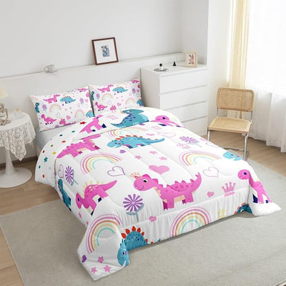 Castle Fairy Kawaii Dino Kids Comforter Set King Size,Cute Rainbow Floral Love Heart Reversible Quilted Duvet with 2 Pillowcases Purple Blue Dinosaur Lovely Animal Comforter for Boys Teens Bedroom