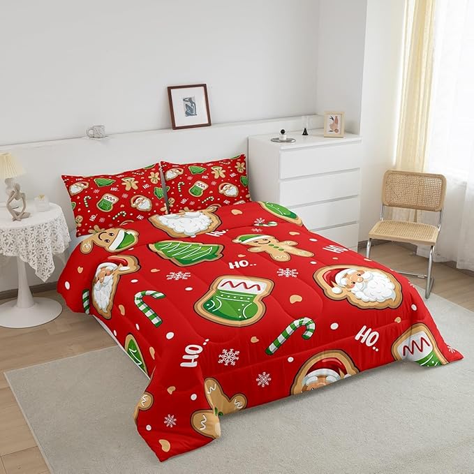 Erosebridal Santa Claus Comforter Set Full,Cute Gingerbread Man Bedding for Kids Child Teens,Cartoon Christmas Tree Snowflake Comforter Sets,Red Green Xmas Duvet Insert with 2 Pillowcases
