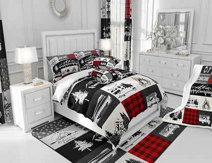 Camping Adventure Bedding Set Twin Size,RV Camper Accessories for Travel Trailers Comforter Cover Set for Kids Girls,Rustic Red Plaid Boho Aztec Exotic Bedding Quilt Cover Set Bedroom Decor, 2 Pcs