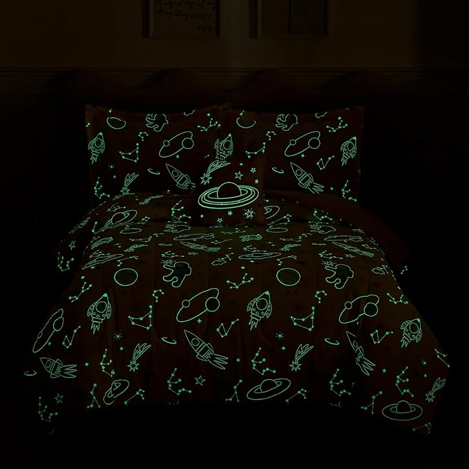 Glow in The Dark Kids Comforter Set Full Size for Girls, Planet Bedding Set 1 Comforter, 1 Decor Pillow, 2 Pillow Shams