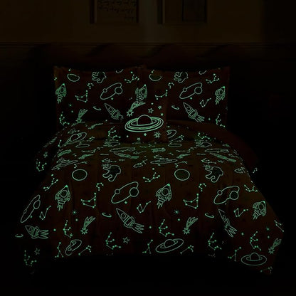 Glow in The Dark Kids Comforter Set Full Size for Girls, Planet Bedding Set 1 Comforter, 1 Decor Pillow, 2 Pillow Shams
