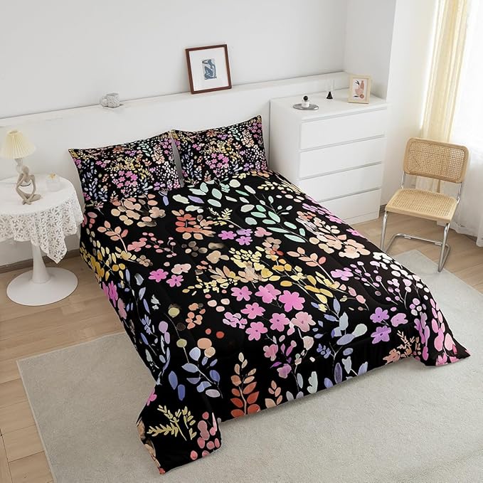 Erosebridal Colorful Floral Comforter Set Full Size,Cute Boho Pink Flower Bedding Set for Kids Girls Bedroom Decor,Watercolor Wild Flowers Quilt Bed Set Bohemian Wildflower Bed Comforter Set 3Pcs